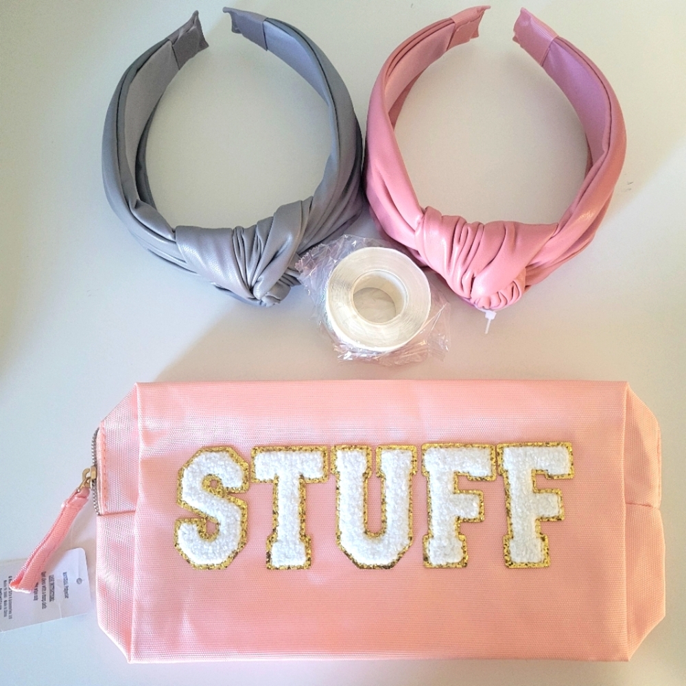 Cosmetic Bag Bundle-stuff Bag, Roll Of Thank You stickers And 2 Headbands Nwot
